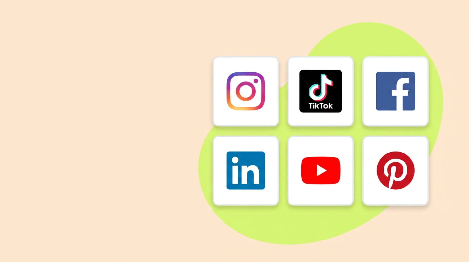 Sked Social channel-logo grid — Instagram, TikTok, Facebook, LinkedIn, YouTube and Pinterest tiles on a peach surface with a lime ground shape behind. Marketing-page hero illustration for the integrations index.